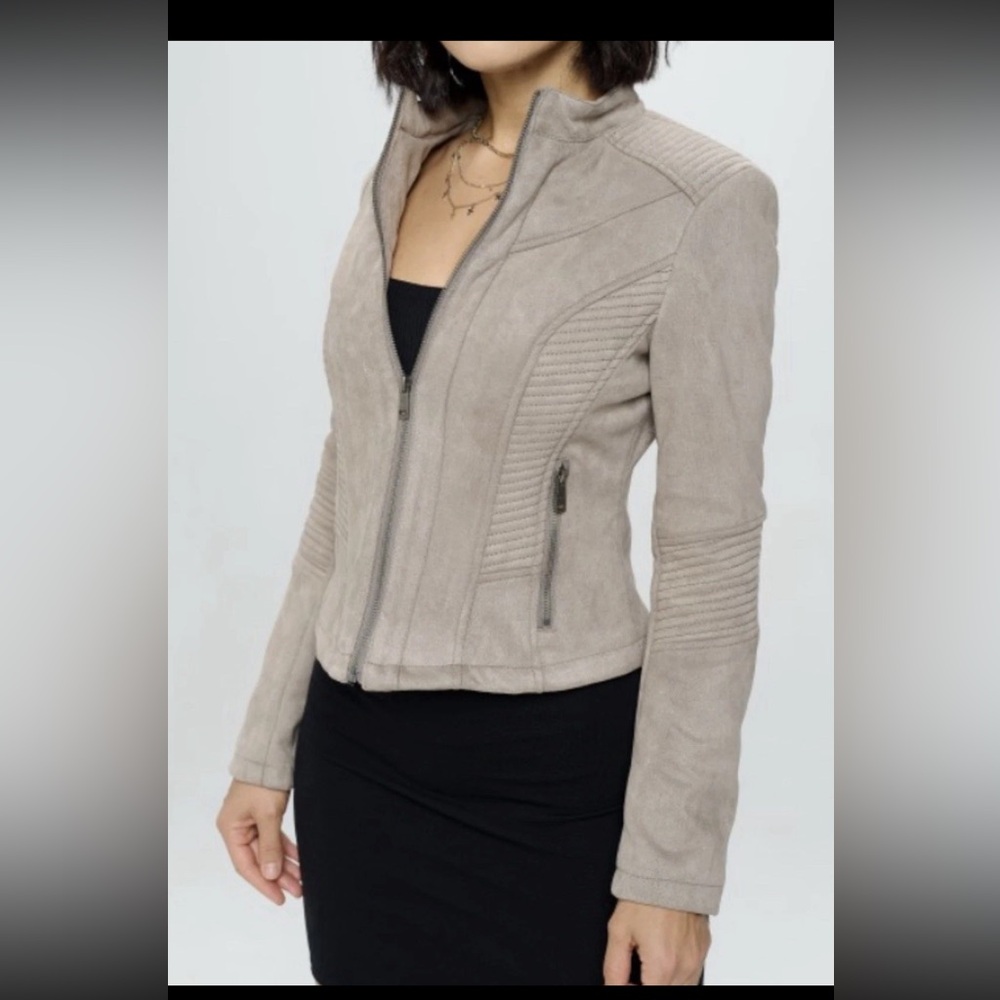 LA Coalition Womens Full Zip Vegan Faux Suede Moto Taupe‎ Beige Jacket Large
